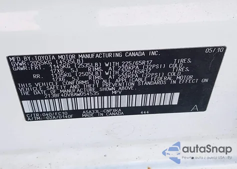 2010 Toyota Rav4 z USA, uszkodzony, nr VIN 2T3BF4DV8AW054535